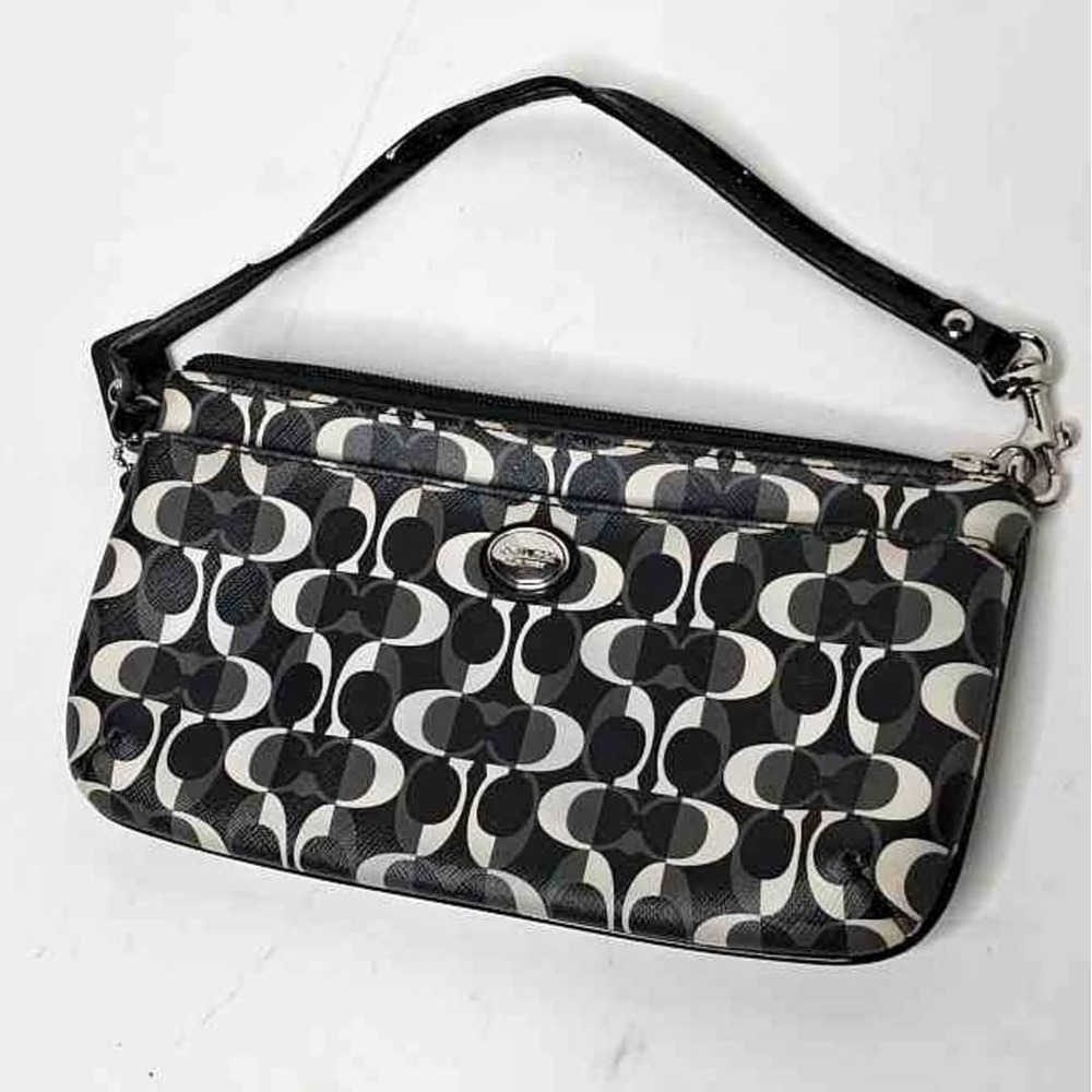 COACH Black Peyton Dream C Signature Leather Patent Strap Wristlet